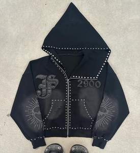 Fabricant de vêtements Boxy Baggy recadrée broderie acide lavage diamant soleil délavé à capuche strass vestes zippées pour hommes - Product Image 1