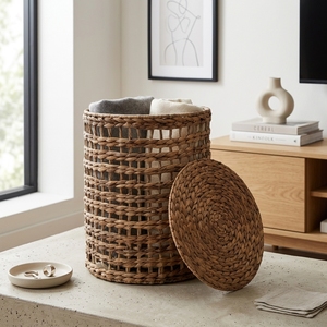 Natural Water Hyacinth Storage <b>Basket</b> <b>With</b> <b>Lid</b> Tall Cylinder Open Grid Weave Laundry Hamper Bin Pure Art Setup Room Decor Crafts - Product Image 6