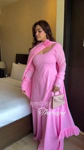 Elegant <b>Pink</b> Georgette <b>Salwar</b> <b>Kameez</b> Plazo Fancy Lace Detailing Traditional Style Quick Dry All Seasons Festive Parties Mehendi - Product Image 2