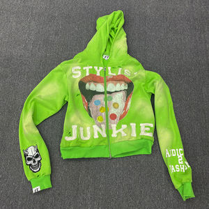 Custom <b>Clothing</b> Manufacture Embroidery Heavy Weight Sun Faded Zipper Asidwash Sweatshirt Rhinestone Boxy Cropped Distress Hoodie - Product Image 5