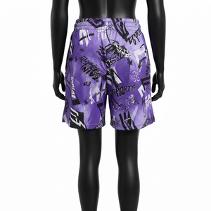 Shorts en mesh polyester violet, tissu respirant et à séchage rapide, imprimé graffiti noir et blanc, sublimation, logo personnalisé, shorts pour femmes - Product Image 2