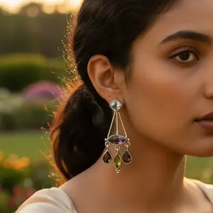 Boucles d'oreilles pendantes vintage en argent 925, multi-pierres précieuses, perle d'eau douce, diamant, design géométrique, pour femme, cadeau de mariage - Product Image 1