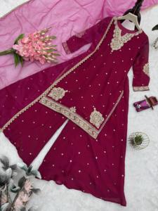Ensemble Kurta Palazzo d'été respirant de luxe Unity Luxure avec broderie vin et dupatta, en tissu Georgette doux, idéal pour les fêtes - Product Image 5