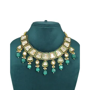 Gold-Plated <b>Light</b> Green Tumble and Polki Kundan Fine Stainless Steel Alloy Studded Jewellery Set with Zircon Tumbled Polki Cut - Product Image 3