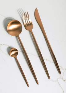 Ensemble de couverts en acier inoxydable, couteau, fourchette et cuillère, pour fête, événement, mariage, service, argenté mat plaqué or - Product Image 5