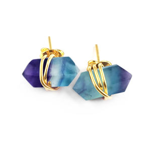 925 Sterling Silver Faceted Spike Gemstone Stud Boucles d'oreilles Fil Percé Rainbow Fluorite Gemstone Tow Side Point Design Jewelry - Product Image 1