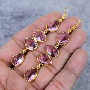 Pendientes de cuatro piedras preciosas de kunzita rosa, pendientes de boda chapados en oro de Plata de Ley 925, Pendientes colgantes de pera hechos a mano para mujer - Product Image 3