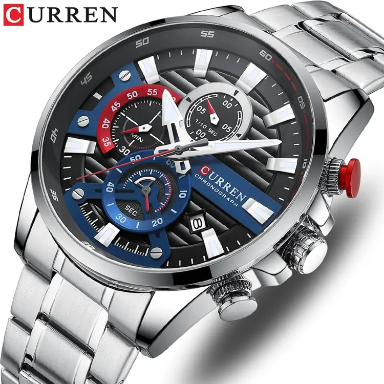 marca de reloj curren Quartz Watches Men's Blue World Chronograph WristWatch Business Casual Steel band watch clock 8415