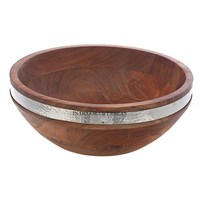 Bol de service en bois d'acacia de forme ronde en métal plaqué or papillons design accessoires de cuisine pour la maison et l'hôtel d'Inde