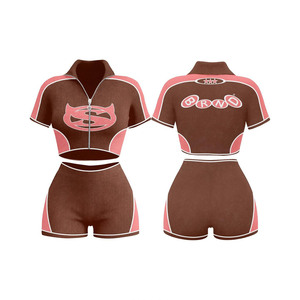 High quality 230 GSM seamless rib <b>knit</b> <b>set</b> brown with pink side panels screen print logo zip crop top T shirt and booty short - Product Image 1