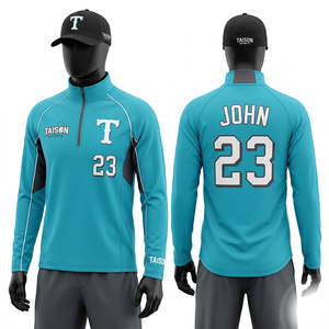 Premium 280 GSM Interlock Polyester Baseball Quarter <b>Zip</b> Training <b>Top</b> Aqua Blue Black Contrast Panels Custom Sublimation logo - Product Image 1