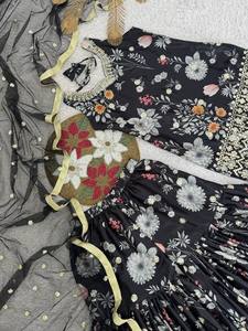 Diseñador tradicional étnico conjunto de 3 piezas listo Sharara Gharara Georgette tela bordado indio trabajo Salwar Kameez invierno - Product Image 5