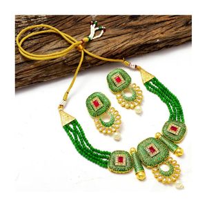 Green Vintage Bridal <b>Necklace</b> <b>Set</b> with Zircon <b>Pearl</b> Diamond 18K Gold Plated for Wedding or Gift - Product Image 1