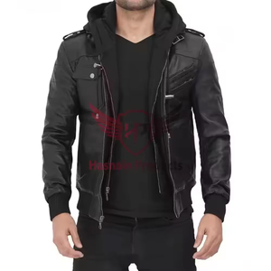 Chaqueta de bombardero con capucha de alta calidad para hombre de cuero genuino con tela superior extraíble para motocicleta Racer para colección de invierno - Product Image 1