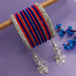 Ensemble de bracelets en velours indien CZ Crystal Rhinestone Bridal Metal Bangle Set Tassles Bangles Grossiste Bijoux pour femmes - Product Image 2