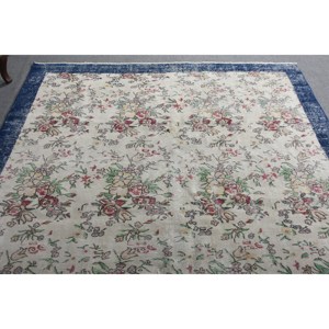 Alfombra de lana turca Vintage clásica Beige azul 6ft8in X 10ft1in alfombra de área hecha a mano diseño de retazos felpa pila altura respaldo de látex - Product Image 4