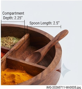 Boîte à épices ronde en bois à 7 compartiments avec couvercle sculpté et cuillère, design bohème, récipient alimentaire - Product Image 3