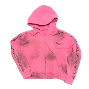 Sudadera con capucha y cremallera OEM personalizada unisex de invierno, estilo vintage, de algodón grueso, con efecto deslavado, pedrería y estampado DTG de gran tamaño (Muestra disponible) Alta calidad - Product Image 1