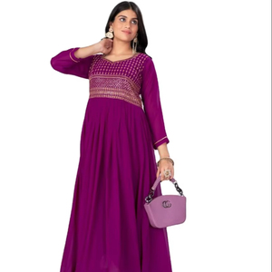 Comprar ahora de alta calidad bordado cuello redondo piso trabajo verano temporada desgaste precioso Color Anarkali vestido para mujeres y niñas desgaste - Product Image 1
