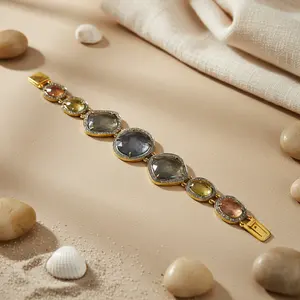 Pulsera de Oro Chapado para Mujer con Zafiro, Patrón Geométrico, Gema de Ópalo Natural, Acero Inoxidable, Estilo Religioso y Moderno para Regalos - Product Image 1