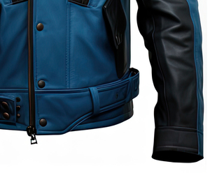 Elegant Men's Custom Leather Jacket with Blue Black Sheepskin Stand Collar Asymmetric <b>Belt</b>-Fashionable Style - Product Image 4