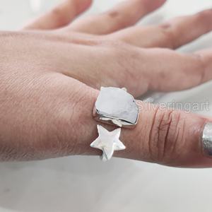 Bijoux en pierre brute bague pour femme pierre de lune arc-en-ciel naturelle pierre précieuse juin pierre de naissance étoile bague réglable bague en argent Sterling 925 - Product Image 4