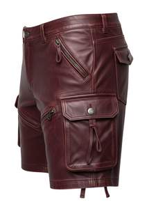 Pantalones Cortos Cargo de Cuero Genuino Color Vino Tinto para Hombre, de Primera Calidad, con Bolsillos Utilitarios, a la Moda - Product Image 2