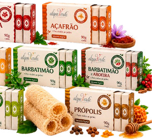 Jabón Vegano Botánico Brasileño Alquiverde, Paquete Económico de 2 Paquetes de 18 Barras - Set Variado (Azafrán, Aroeira, Barbatimao, Calendula) - Product Image 1
