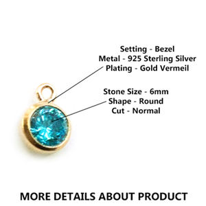 Pendentif saphir rond serti clos en argent sterling 925 plaqué or, avec breloque CZ pierre de naissance taille normale 6 mm, pour elle - Product Image 3