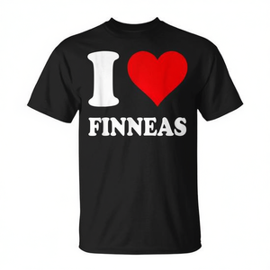 T-shirt I Love Finneas con design a cuore rosso, girocollo nero, abbigliamento unisex - Product Image 2