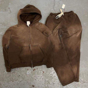 Ensemble de survêtement unisexe en molleton brun délavé antibactérien avec fermeture éclair et pantalon de jogging assorti, deux pièces, coton doux, décontracté - Product Image 2