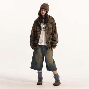 Sweat-shirt ample à double fermeture éclair imprimé DTG pour homme, style streetwear, camouflage, pour l'automne, sweat-shirt à capuche élégant - Product Image 5