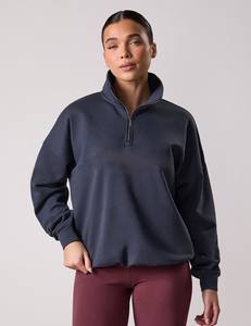 Sweat-shirts d'hiver pour femmes à col rond, style tendance, coupe ample, épaules tombantes, manches longues, couleur unie, fermeture éclair mi-longue - Product Image 4