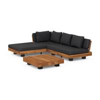 Ensemble de canapé d'angle moderne pour l'extérieur, structure en teck massif, table basse carrée, coussins imperméables pour la détente sur la terrasse d'hôtel