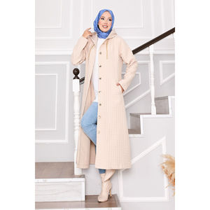 Manteau matelassé rétro élégant à capuche avec logo et boutons décoratifs, taille XL, en tissu tissé polyester et coton, poches longues - Product Image 2
