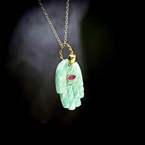 Amazonita Natural Hamsa tallado a mano colgante de piedras preciosas piedra suelta tallado hecho a mano chapado en oro joyería fina encantos - Product Image 4