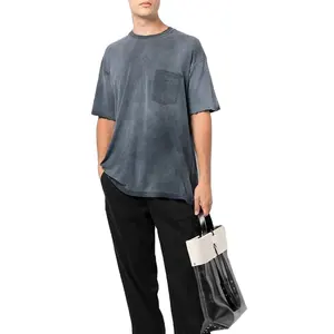 % 100% pamuk düz boş vintage t shirt erkek t shirt ön cep ile özel logo asit yıkama renk ağır