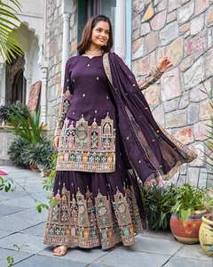 Conjunto de seda Chinon pura de moda con hilo de lentejuelas bordado fondo de algodón liso y dupatta a juego para moda étnica festiva - Product Image 1