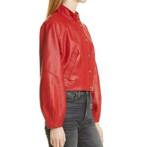 แจ็กเก็ตบอมเบอร์แฟชั่นหนัง PU สีแดง2025สำหรับฤดูหนาวของผู้หญิงมีซิปคอตั้งโลโก้ด้านหน้าแบบพกพามีสไตล์กำลังมาแรง - Product Image 3