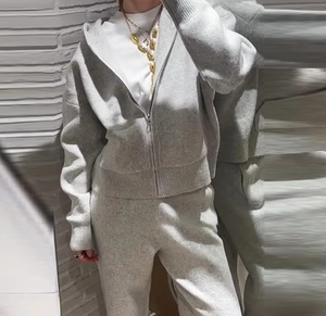 ชุดเซ็ตสองชิ้นแฟชั่นลำลองสำหรับผู้หญิง สไตล์เก๋ไก๋สำหรับฤดูใบไม้ร่วง ผ้าถักเนื้อนุ่มระบายอากาศดี ปักลายเรียบง่าย เสื้อคลุมมีซิปพร้อมฮู้ด กางเกงขายาวเอวสูงทรงหลวม - Product Image 1