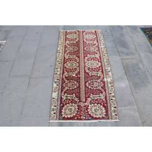 Vintage Rug, 2.3x5.1 ft Turkish Rug, <b>Red</b> Green Moroccan <b>Wool</b> Rug - Product Image 1