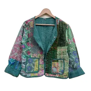 El yapımı Patchwork ceket, el dikişli vintage ipek saree ceket Patchwork ceket pamuk Sari Kantha ceket, kısa