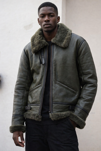 Men's <b>Vintage</b> Green Shearling Tailored Custom Size <b>Leather</b> Bomber <b>Jacket</b> Fake Fur Lining Warm Winter Thin Waterproof - Product Image 5