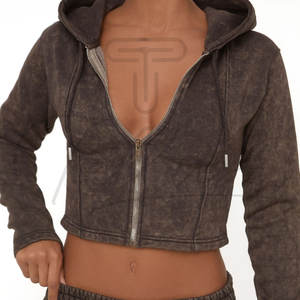 Women's Summer Formal Fitness <b>Short</b> <b>Sleeve</b> Crew Neck Crop Top <b>Hoodie</b> Eco-Friendly Custom Acid Wash - Product Image 3