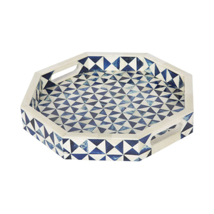 Plateau de service octogonal en os incrusté de qualité supérieure avec motif en mosaïque bleue - Product Image 2