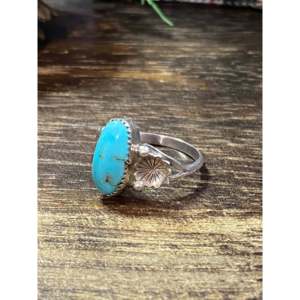 Navajo Handmade Kingman Turquoise Sterling Silver <b>Statement</b> <b>Ring</b> Size 7.5 - Product Image 3