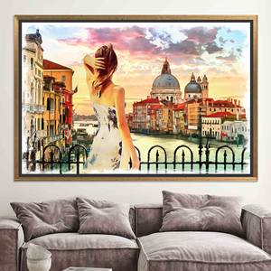 Impression sur toile Venise Italie : œuvre d'art abstraite de femme, décoration murale en verre trempé, toile encadrée dorée - Product Image 1