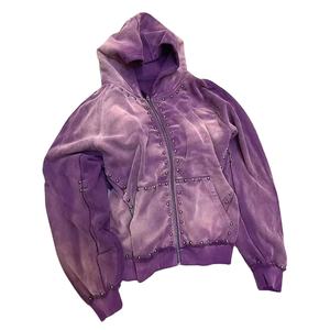 Sudaderas con capucha de diamantes de imitación con remaches y cremallera de lavado ácido desteñido por el sol de gran tamaño, logotipo personalizado de alta calidad, 500g/m², 100% algodón - Product Image 1