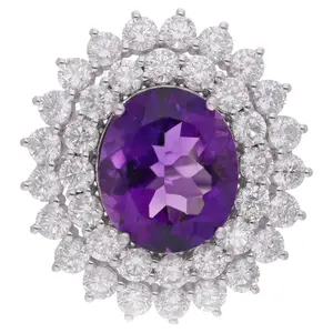 定制珠宝14 k白金手工钻石椭圆形切割紫水晶宝石鸡尾酒戒指
