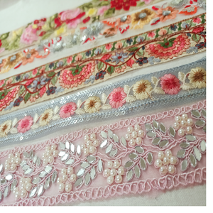Custom Made Embroidered Thread Work <b>Laces</b> With Multi Coloured Options in Sequins Embroidery in 1.5 Inch Width - Product Image 6